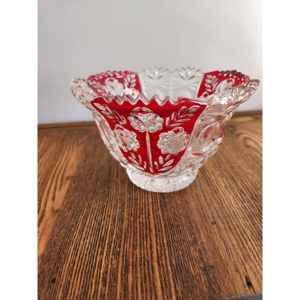 Vtg Anna Hutte Bleikristall Red Flash Roses Candy Dish 24% lead Crystal